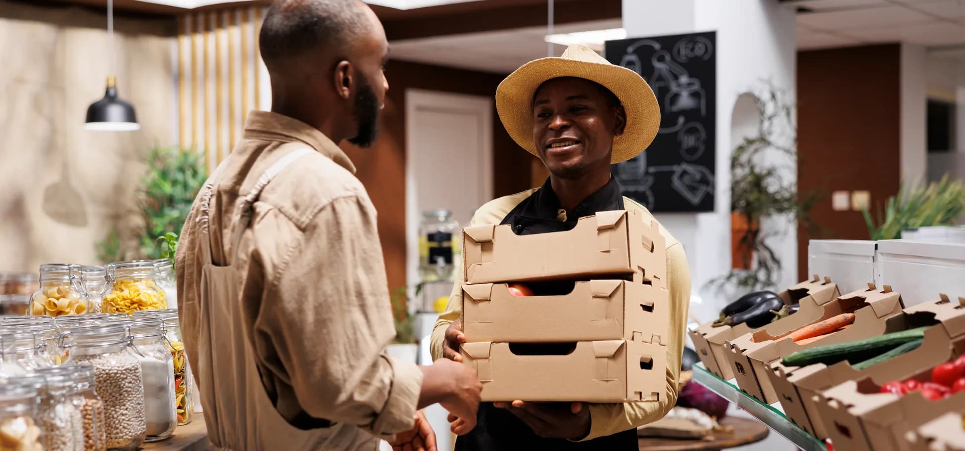 Shop owner handing boxes of produce to a customer